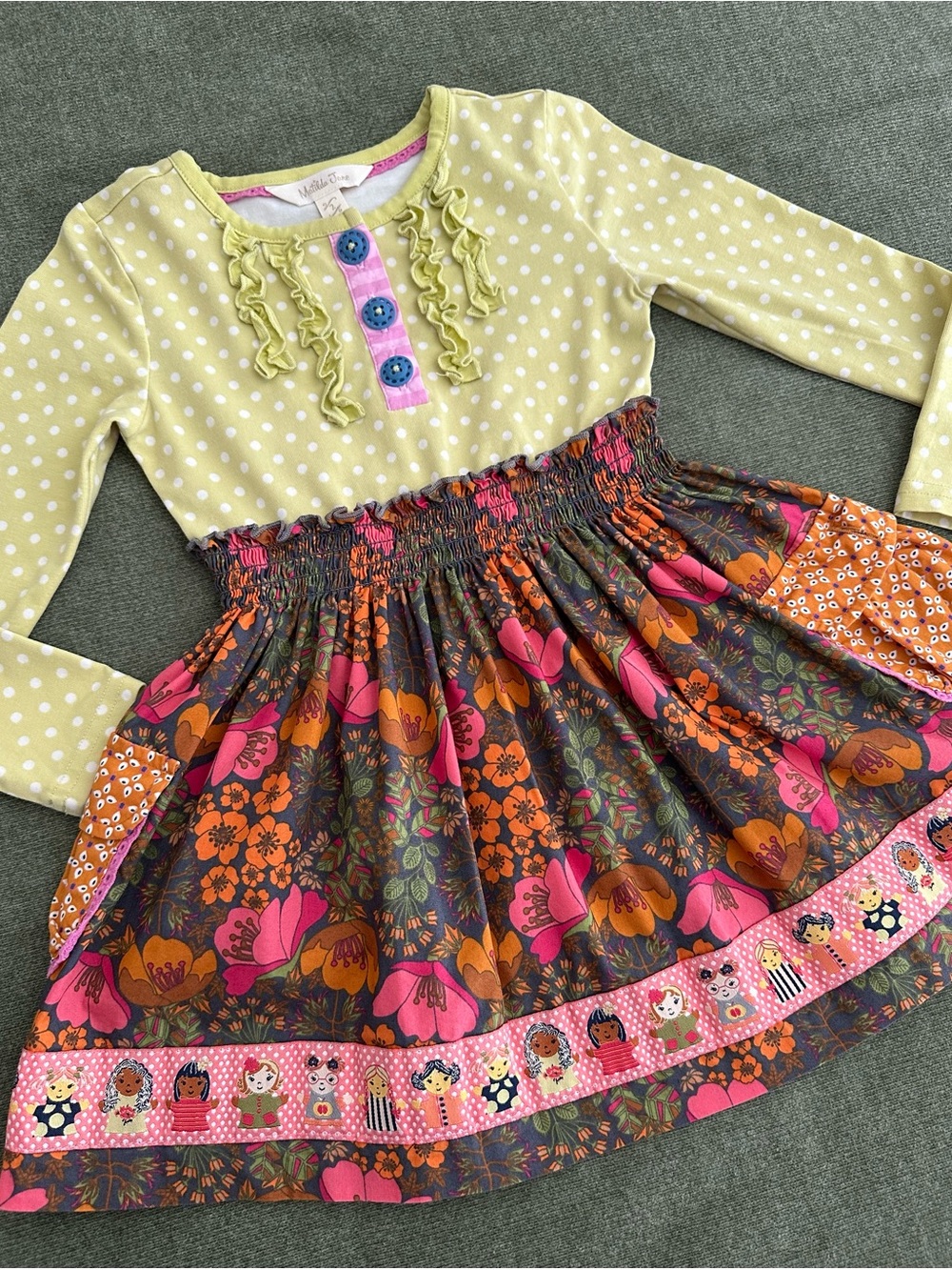 Matilda Jane Girls Dress Size 2 Long Sleeve Polka Dot Floral Doll Border Pockets